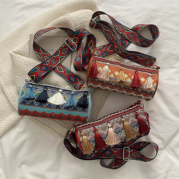 Etnisk stil canvas crossbody väska tonårsflickor plånbok bärväska axelväska för kvinnor damer Red