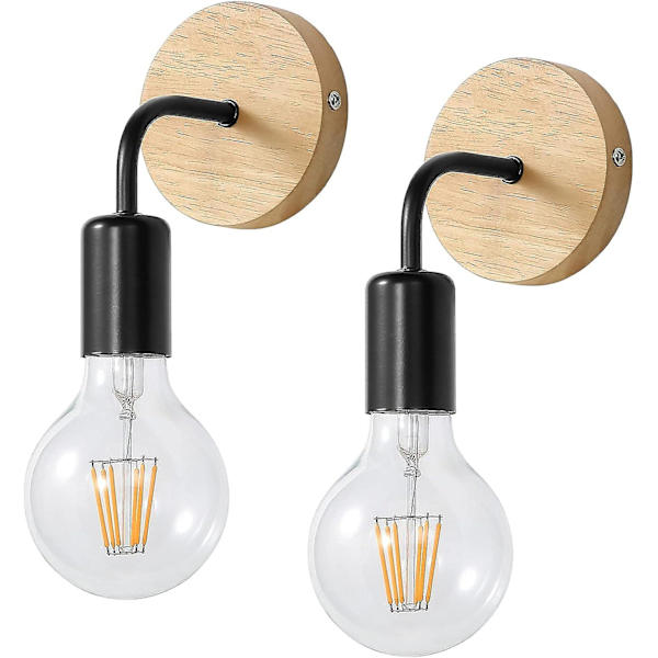 Svart retro vägglampa i smidesjärn och trä, lämplig för sovrum, arbetsrum, hall 2 st (glödlampa ingår ej)