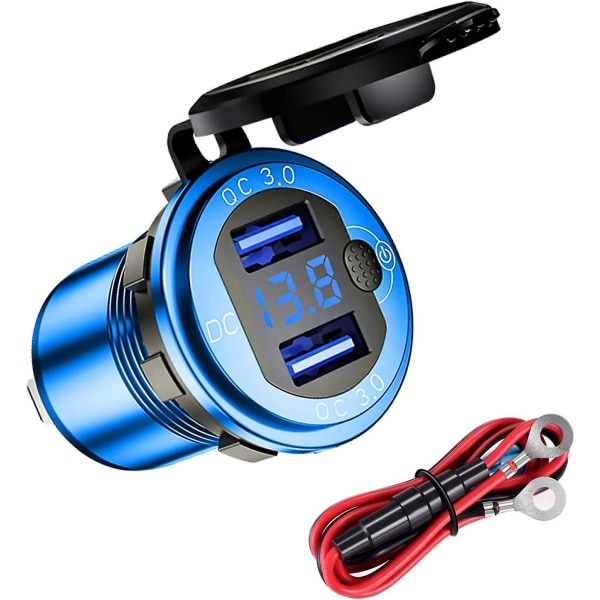 Qc3.0 Vattentät motorcykel bil USB laddare, 12/24v aluminiumlegering dubbelt uttag, med power och led voltmeter (blå)