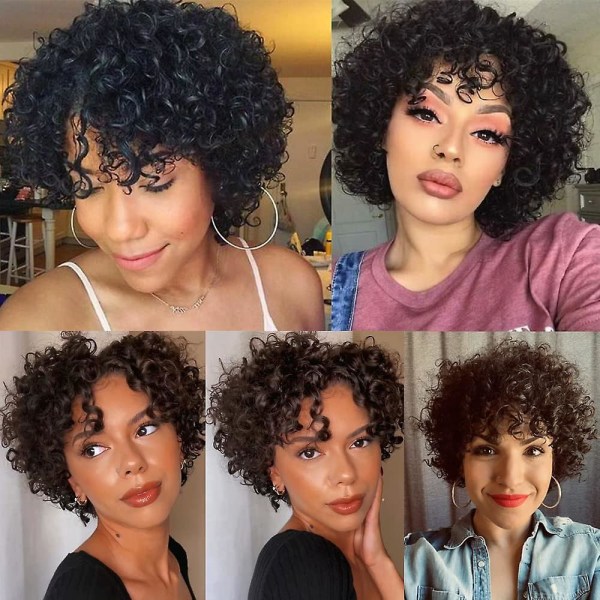 Korta lockiga peruker för svarta kvinnor Människohår Afro Naturlig lockigt peruk Brazilian Virgin Pixie Cut Peruk Människohår med lugg Inga Spets Front Peruker