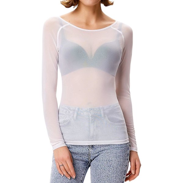 Dame Elastisk Rund Hals Gennemsigtig Sexet Slim Fit Mesh Toppe Lange Ærmer Bluse White XXL