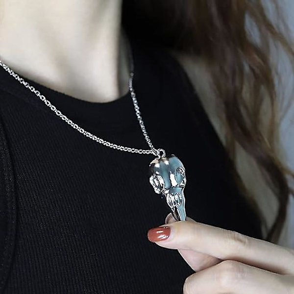2 st Gothic Kråka Huvud Skalle Hänge Halsband för Kvinnor Män Halloween Halsband Silver+Svart)