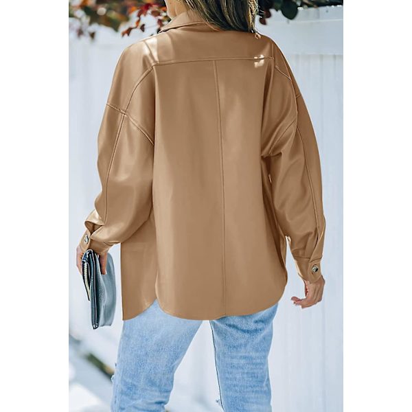 Womens Faux Läderjacka Pu Oversized Shacket Button Down Casual Skjorta Långärmad Blazer Rock Med Fickor Ytterkläder L