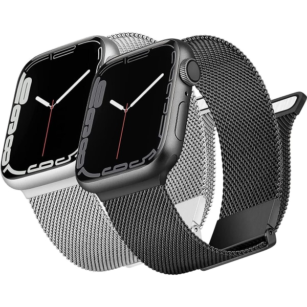 [2-pack] Metallband i rostfritt stål kompatibelt med Apple Watch-band 42 mm 44 mm 45 mm, magnetisk milanesisk mesh-rem för iWatch Series 7 6 5 4 3 2