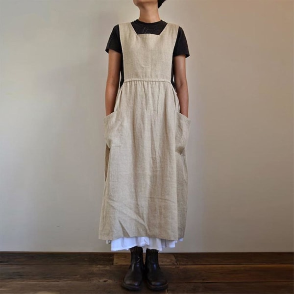 Damekjole Casual Løs Ensfarget Forklekekjole Lange Stropper Bomull Lin Overalls Kjoler Med Lommer, beige beige XL