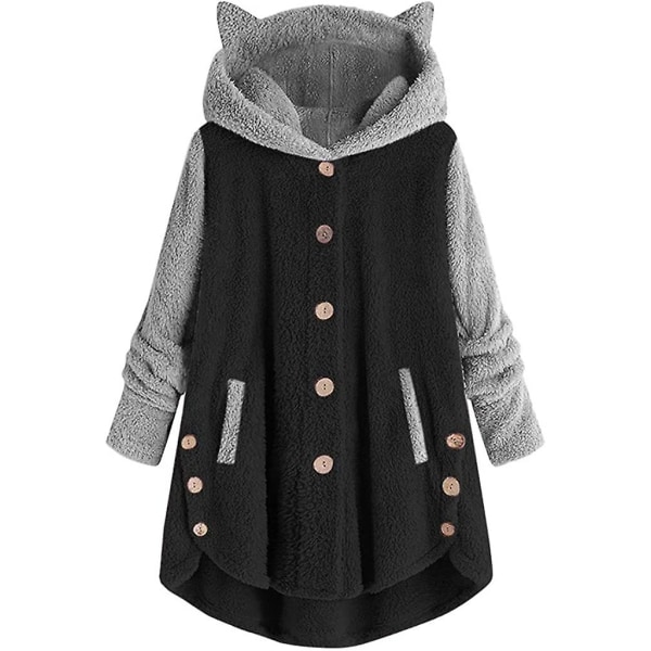Vinterfrakker til Kvinder Dobbeltsidet Fleece Blanket Hoodie, Dame Cardigans Farveblok Leopard Knap Fuzzy Hættejakker Udsalg, Sød XXL