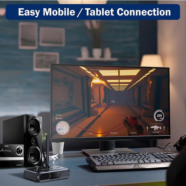 5.3 mottagare, volymkontroll, LED-display, låg latens och brusreducering, stöder RCA optisk 3,5 mm AUX-uttag, Bluetooth-uttag