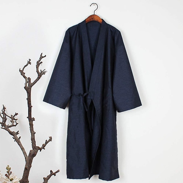 Miesten kimono kylpytakki kevyt puuvillainen kimono kylpytakki pitkä kylpytakki pyjama yöasu yöpaita taskulla Navy Blue 2XL
