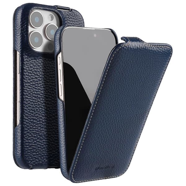 Magnetiskt Skal för iPhone 16 Pro, Vertikalt Flipp, Äkta Ko-Läder + PC Stötskydd - Grön Blue