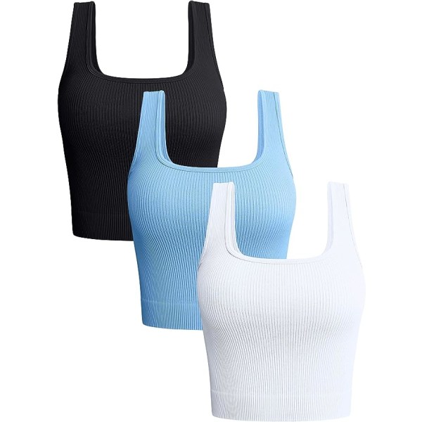 3-delade linne damer Ribbade sömlösa träningströjor Yoga Crop Tops Black Candyblue White M