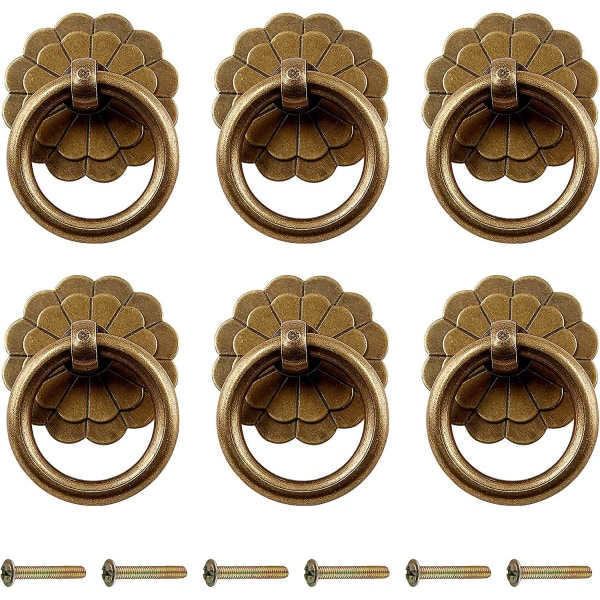 6 stk. Antikke Messing Ringhåndtak Vintage Skap Små Ringhåndtak Knotter Håndtak For Skuffskap