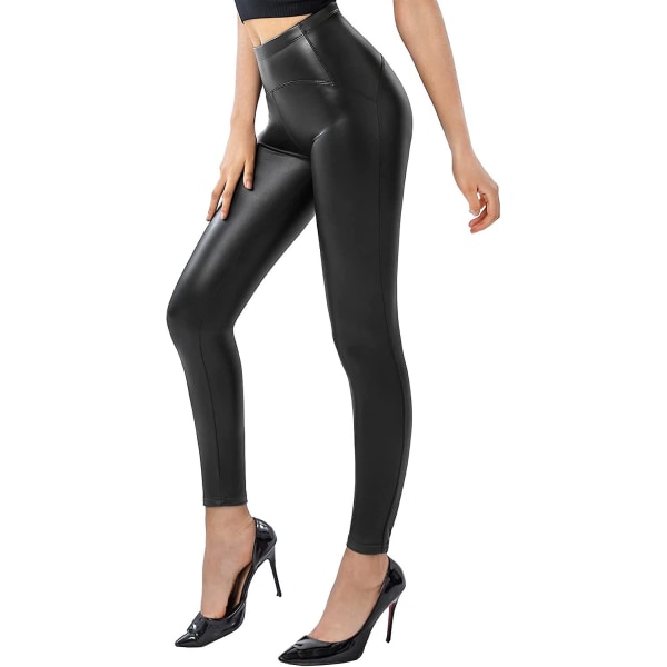 Dam läderimitation leggings hög midja pu läder smala byxor stretch byxor