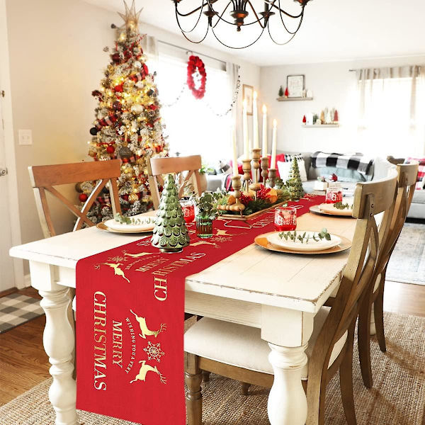 Julebordløper, Rød Juleduk i Lin og Dekorativ Bordløper med Gull Elg Snøfnugg, 30 x 274 cm Lang Julemiddagsduk