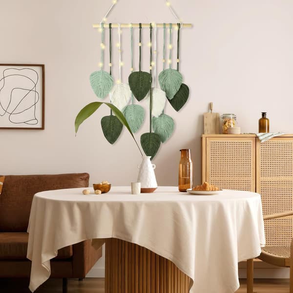 Makramee Seinävaate Tupsut Gobeliini, Boho Sisustus, Makramee, Gobeliini Puuhelmillä ja Vihreillä Lehdillä, Gobeliini Seinävaate