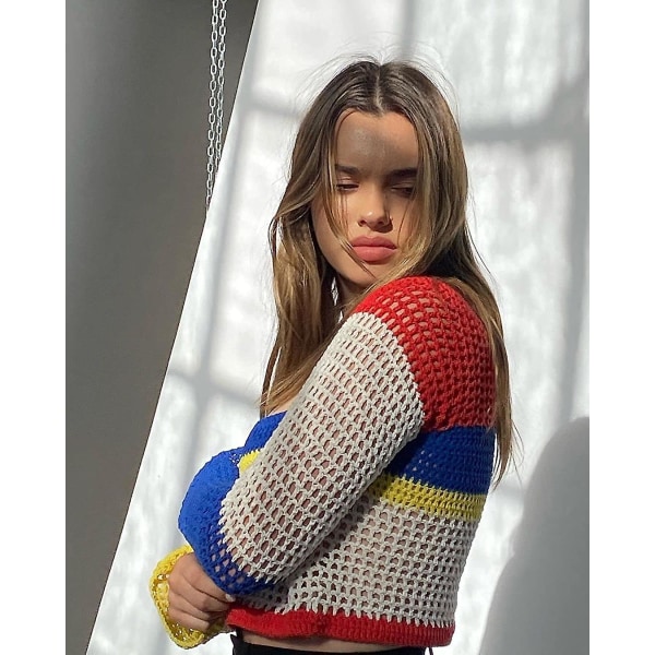 Heklet, hul strikket genser for kvinner, crop tops, langermet genser, cropped Style 4 S
