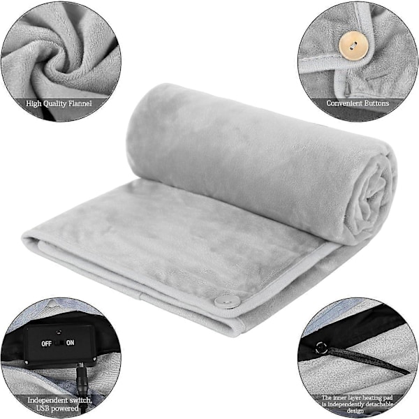USB-uppvärmd Filtpläd 70x100cm Elektrisk Poncho Pläd Filt Uppvärmd Bärbar Flanell Sjal Elektrisk Pläd för Hemmet Grey