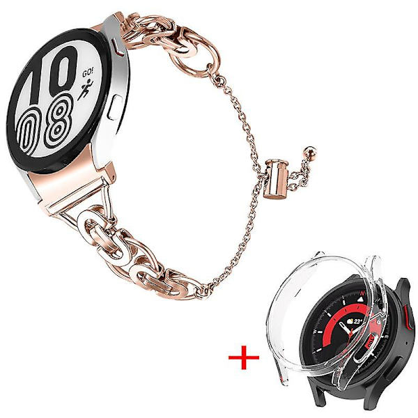Rostfritt stål klockarmband pärla dekor för Samsung Galaxy Watch 5 44mm med PC skyddande ram Rose Gold Transparent  Watch F