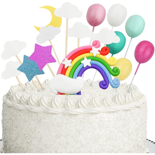 Rainbow Cloud Cake Topper Kit Färgglad keramik Rainbow Clouds Cake Topper & Ballong & Stars & Moon Cupcake Set Födelsedagsfesttillbehör för