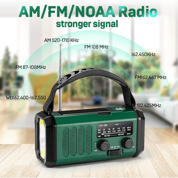 Nødradio med håndsveiv, AM FM NOAA værradio, Type-C lading, solcellelading, SOS, 3 moduser LED-lommelykt