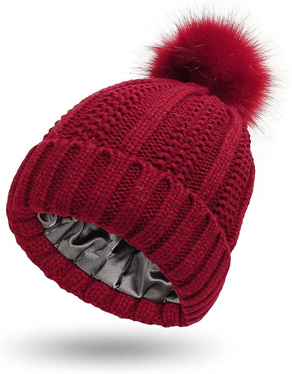 Dame Strikket Lue Med Satinfôr Dusk Vinter Varm Hatt