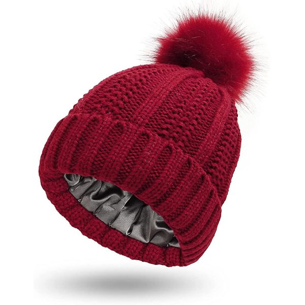 Kvinnors stickade mössa med satin foder Pom Pom vinter varm mössa Bobble hatt