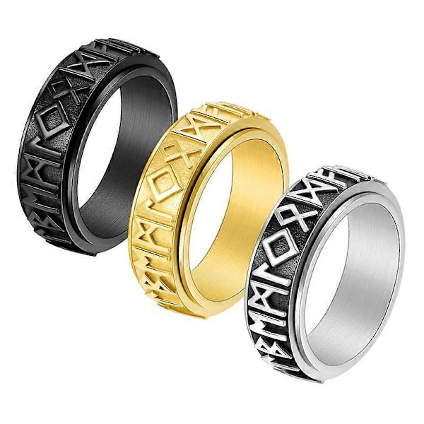 Nordisk Vikinge-tekst Ring i rustfrit stål, der kan drejes, Retro Sort Moderigtig Herre Ring black NO.13