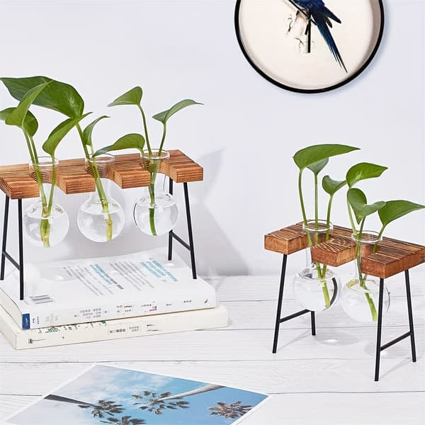 2-pack Växtterrarier med Träställning, Växtförökningsstationer, Glasbehållare för Hydroponik, Hydroponisk Växtställ