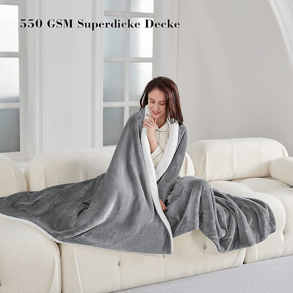 Tæppe 130x160cm. 550gsm Tykt Tæppe. Sherpa Fleece Tæppe. Varmt Og Hyggeligt Tæppe. Super Blødt Og Fluffy Tæppe. Grå