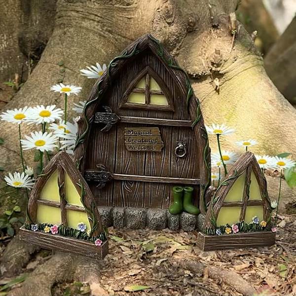 3 stk. Eventyrdør-sæt, 16 cm fortryllet have-fe 3 stk. Gnome miniature-elfdør fe-havetilbehør