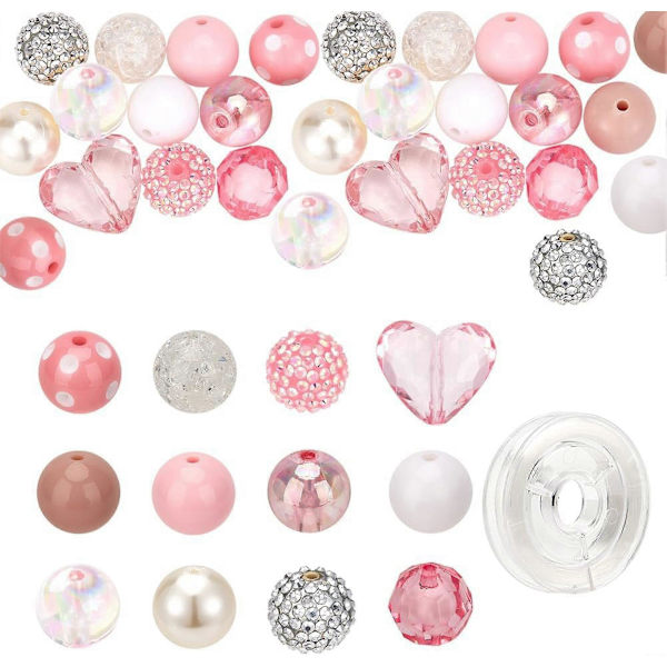 48 stk. Bubblegum-perler Rosa perler 20 mm Akryl Crackle-perle Resin Rhinestone-perle Imitasjon Rund perle Ugjennomsiktige løse avstandsperler for smykkelaging
