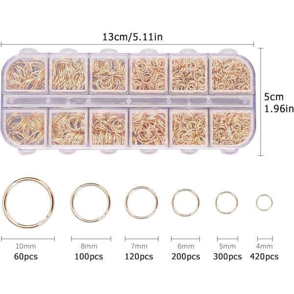 1200 stk. åbne springringe, 4 mm, 5 mm, 6 mm, 7 mm, 8 mm, 10 mm, åbningsringe, spring, forgyldte runde splitringe, metal kædering
