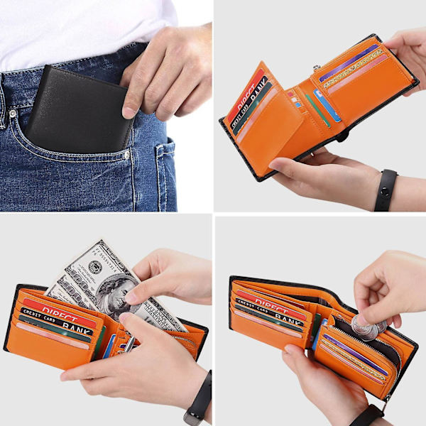 Multi-fack fällbar blixtlås stor kapacitet läder plånböcker med kort kontanter förvaringsficka Black Orange