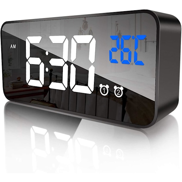 Digital väckarklocka, LED digital väckarklocka, spegelbordsur, USB-laddningsbar reseväckarklocka med dubbel alarm snooze, röststyrningsfunktion,