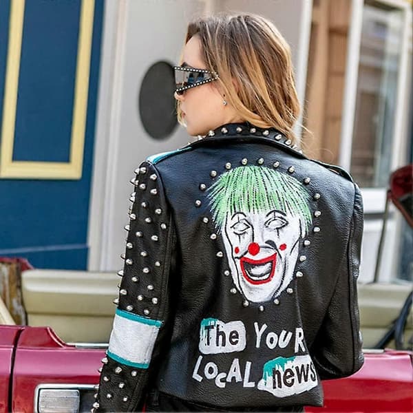 Punkrockjacka för damer, motorcykeljacka med nitar, graffitikonstläder, höstmode, punkig kort jacka M