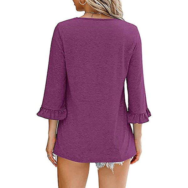 Dame Ensfargede Topper Casual V-hals Ruffle 3/4 Bell Erme Bluse Tunika Løs Skjorte Fuchsia M