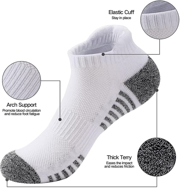 Damsportsockor, 5 par bomull andningsbara låga strumpor - Anti-blåsor, båge