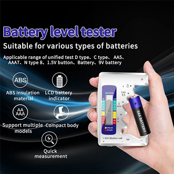 Digital Universell Batteritestare Batterikontroll för Alla Batterier C AA AAA D N 9V 6F22 1.5V Knappcell Små Mini Batterier