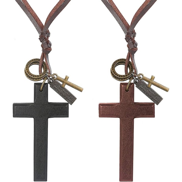 Vintage Wood Cross Pendant Läder Cord Halsband för män kvinnor,acsergery