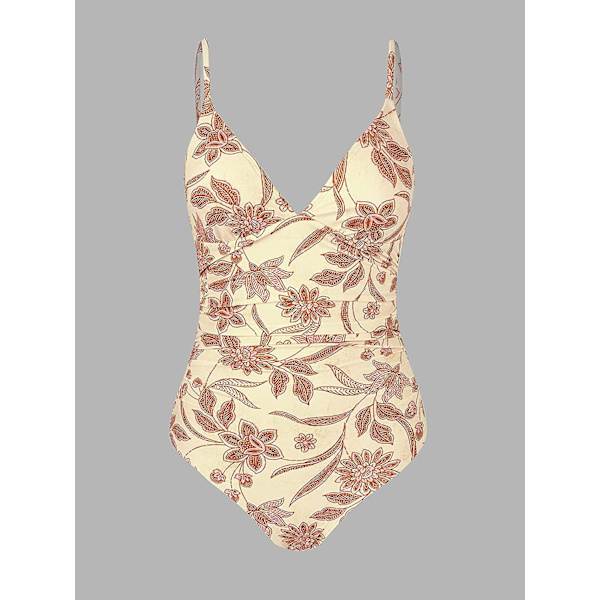 Dame Badedragt Heldragt V-hals Mavekontrol Rynket Front Lav Ryg Light Yellow Print S