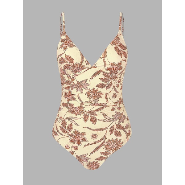 Dame Badedragt Heldragt V-hals Mavekontrol Rynket Front Lav Ryg Light Yellow Print XL