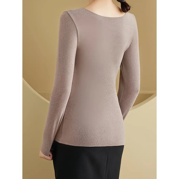 Mesh Stitching Termisk Underkläder Topp, Mjuk Långärmad Topp, Damunderkläder & Nattkläder brun 2XL