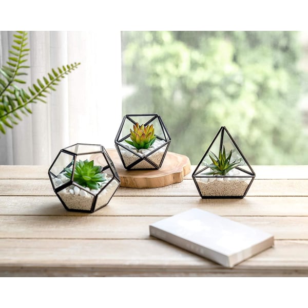 Konstgjord suckulent i 3-pack Miniglas Geometriskt Terrarium, Miniatyrkrukad konstväxt Bokhylla Skrivbord Boho Kontorsrumsinredning för kvinnor Flickor Sovsal