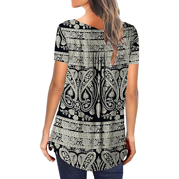 Dame Tunika Topper Ensfarget Plissert V-hals Knapper Bluse Blomstertrykte Damer Flodblue S