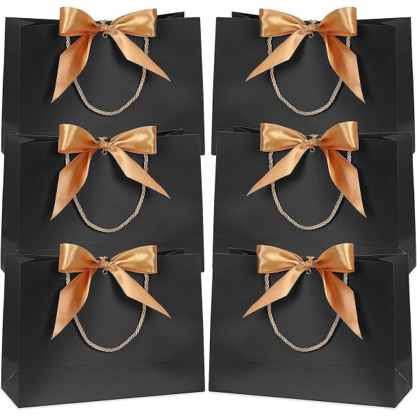 6 stk. Gaveposer, Vandtætte Farvede Papir Gaveposer Med Guld Sløjfe Bånd Til Bryllup Fødselsdagsfest 32 X 25 X 11 Cm Sort