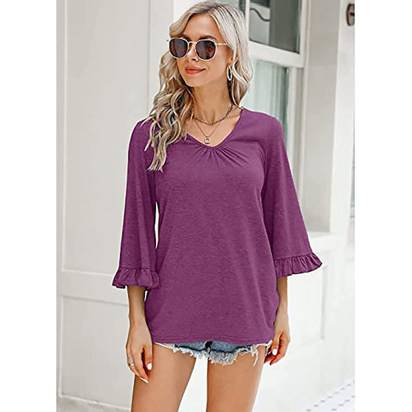 Dame Ensfargede Topper Casual V-hals Ruffle 3/4 Bell Erme Bluse Tunika Løs Skjorte Fuchsia M