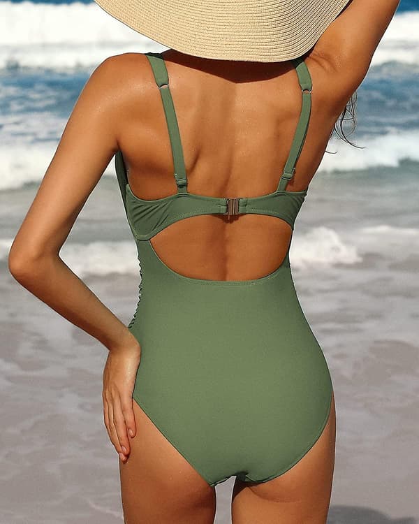 Baddräkt för damer, hel, magkontroll, hög benskärning, rygglös XL Olive Green