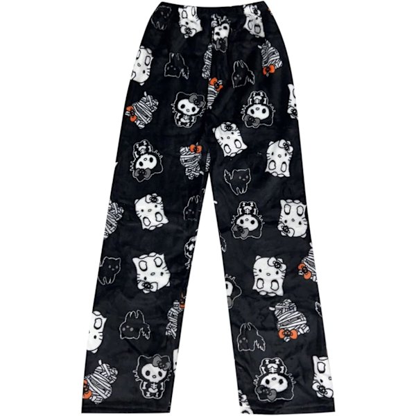 Pyjamabyxor för kvinnor, fluffiga kattpyjamasbyxor, söta anime-flanellpyjamas, bekväma loungebyxor Black 2 M