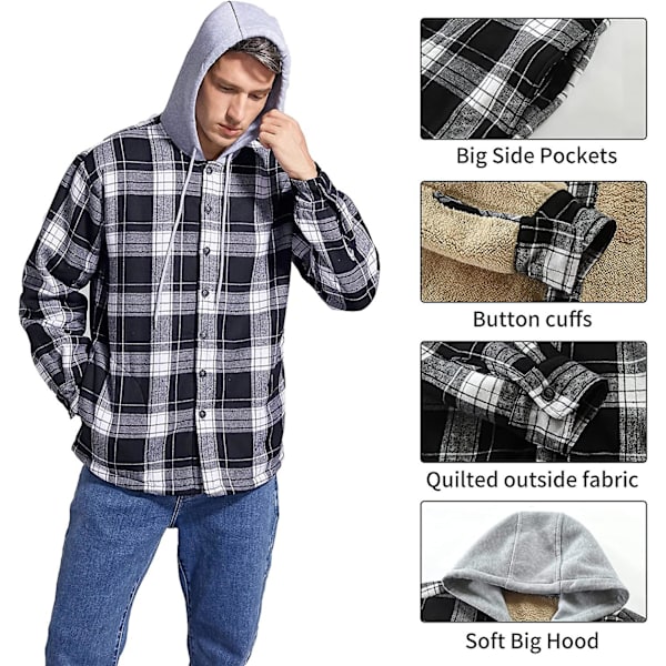 Rutete bomullsjakke for menn, fleeceforet flanellskjorte, Sherpa-jakke med knapper og hette for menn black L