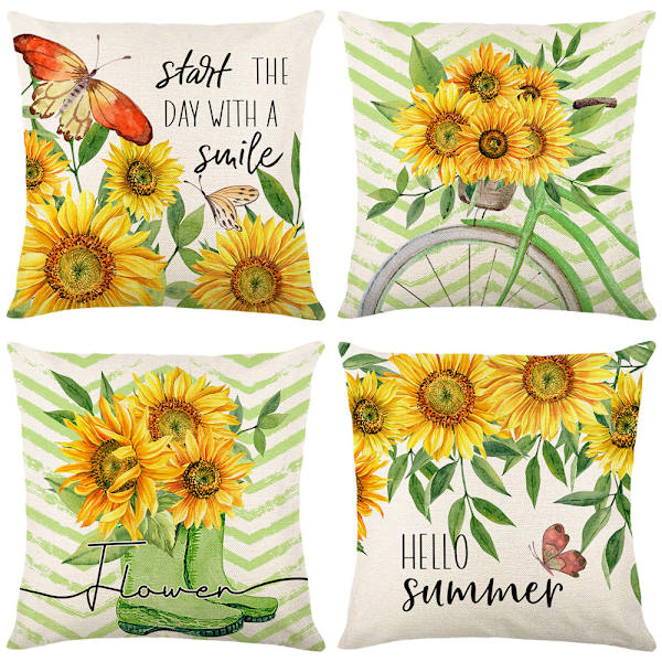 4 st sommar solros kuddfodral i linne med tryck för vardagsrumssoffa, dekorativ kudde 45x45cm