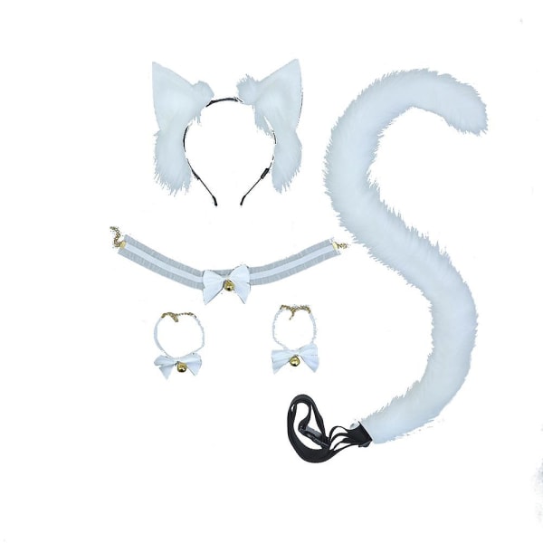 Katteører og Hale Sæt Ulv Ræveører Hale Kostume Sæt, Klokke Choker til Halloween Kostume Fest Tilbehør Hvid White